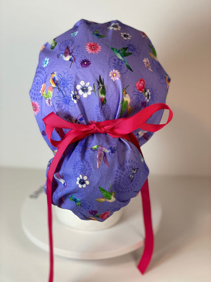 Hummingbird scrub cap, womens scrub hat hummingbirds, womens ponytail scrub cap, Bonnet Head Designs