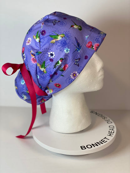 Hummingbird scrub cap, womens scrub hat hummingbirds, womens ponytail scrub cap, Bonnet Head Designs