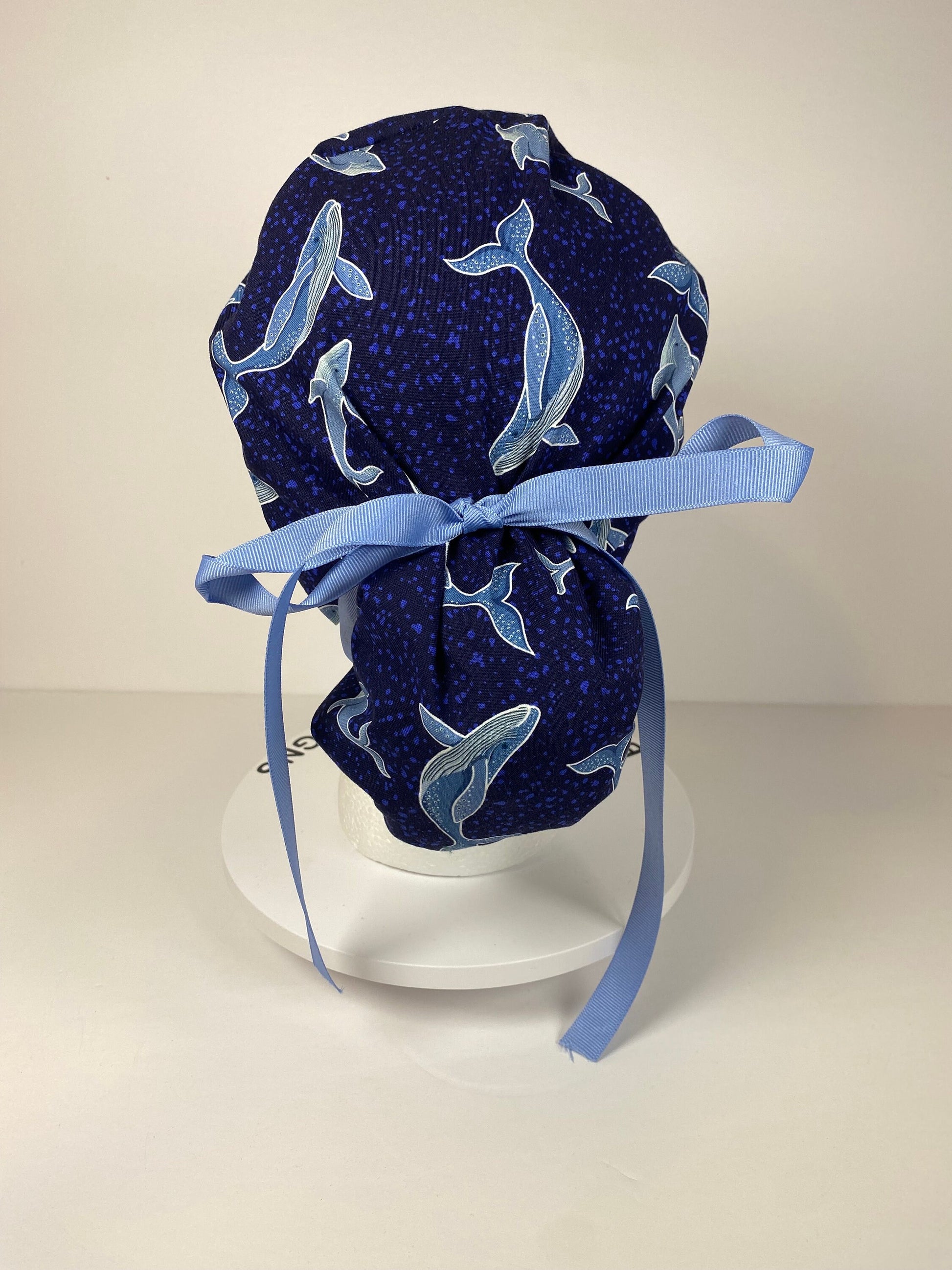 Navy blue whale scrub cap, women’s whale scrub cap, Bonnet Head Designs