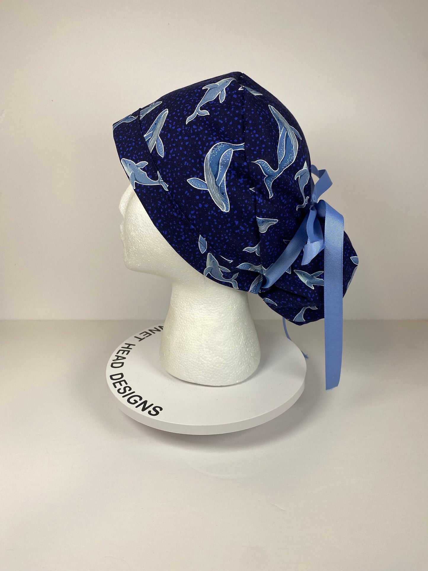 Navy blue whale scrub cap, women’s whale scrub cap, Bonnet Head Designs