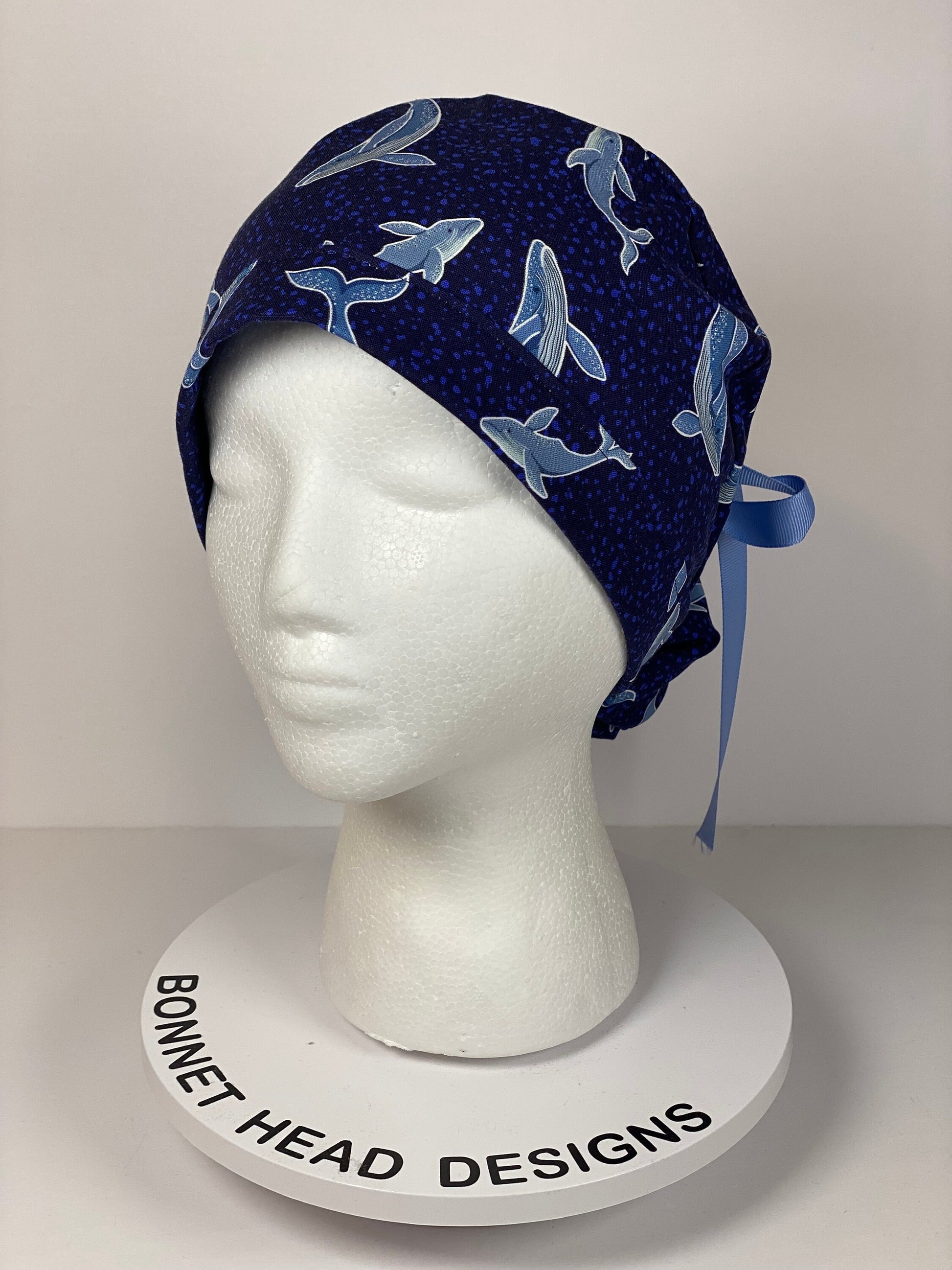 Navy blue whale scrub cap, women’s whale scrub cap, Bonnet Head Designs