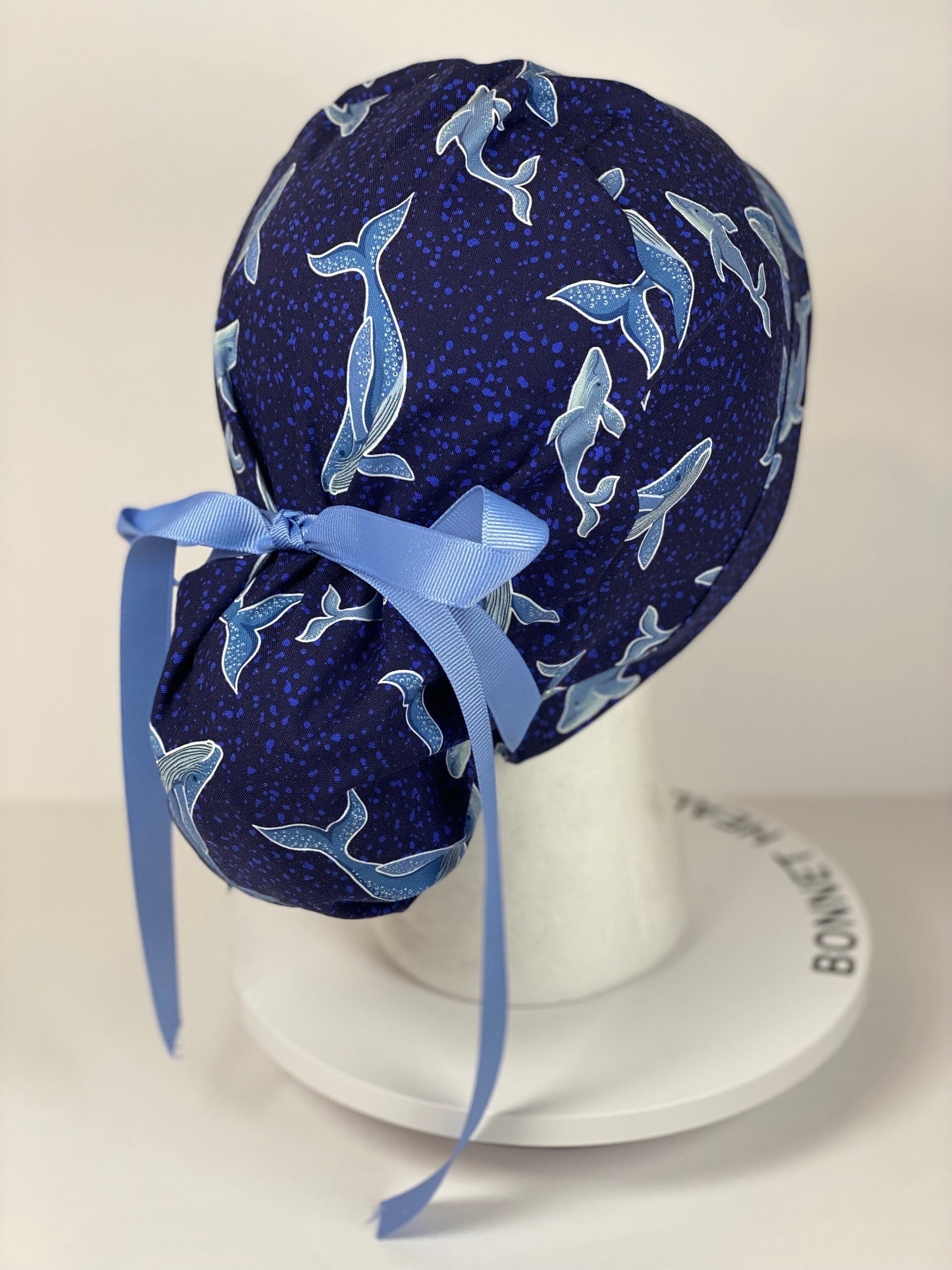 Navy blue whale scrub cap, women’s whale scrub cap, Bonnet Head Designs