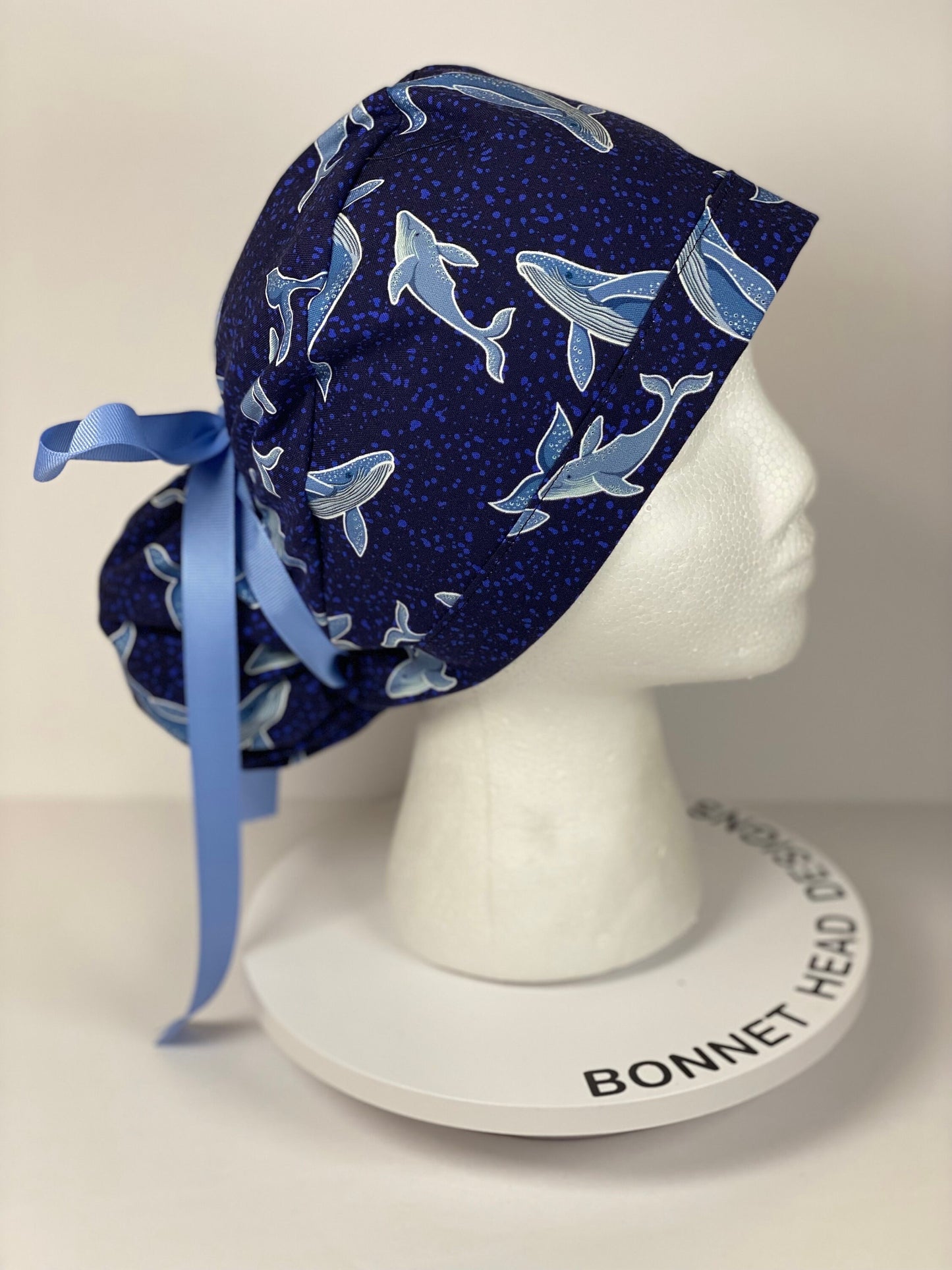 Navy blue whale scrub cap, women’s whale scrub cap, Bonnet Head Designs