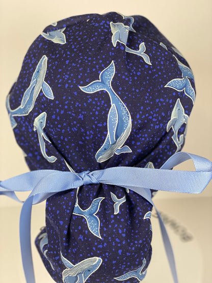 Navy blue whale scrub cap, women’s whale scrub cap, Bonnet Head Designs