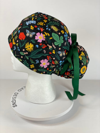 Rifle Paper Co Curio black metalic floral fabric scrub cap, women’s scrub hat floral, Bonnet Head Designs