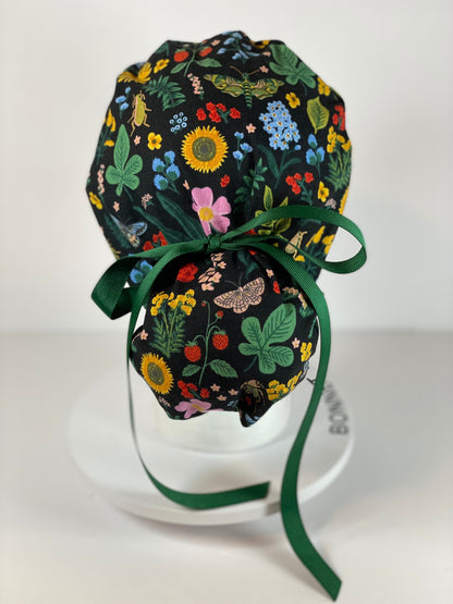 Rifle Paper Co Curio black metalic floral fabric scrub cap, women’s scrub hat floral, Bonnet Head Designs