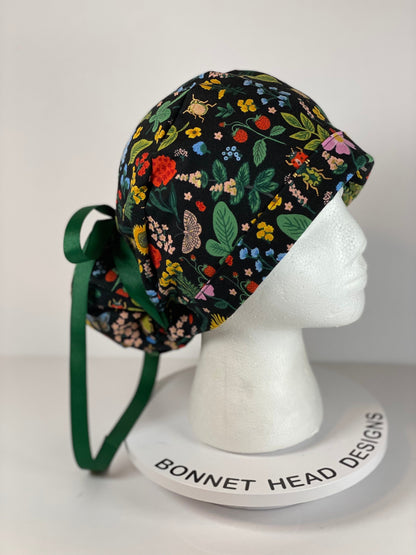 Rifle Paper Co Curio black metalic floral fabric scrub cap, women’s scrub hat floral, Bonnet Head Designs