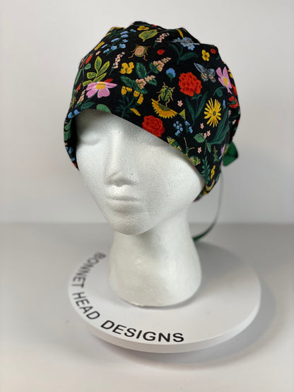 Rifle Paper Co Curio black metalic floral fabric scrub cap, women’s scrub hat floral, Bonnet Head Designs