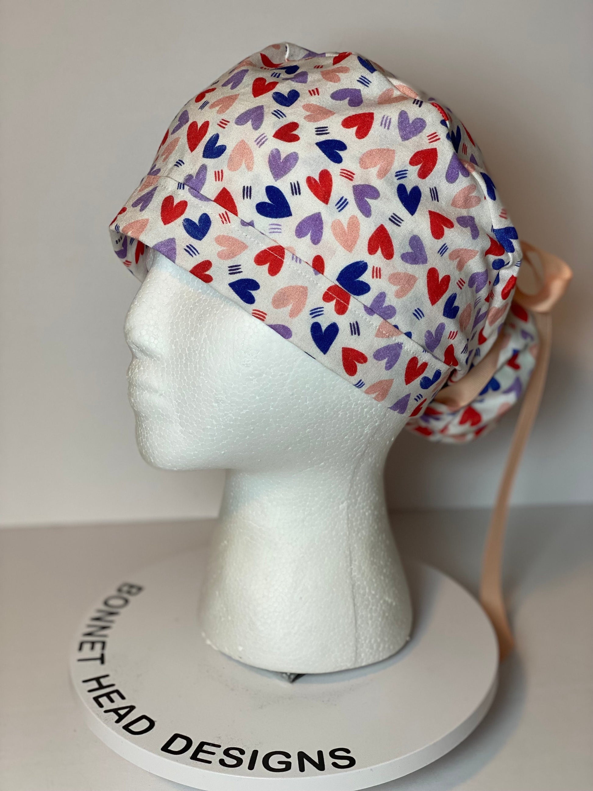 Valentine’s Day scrub cap, heart print women’s scrub cap, Bonnet Head Designs