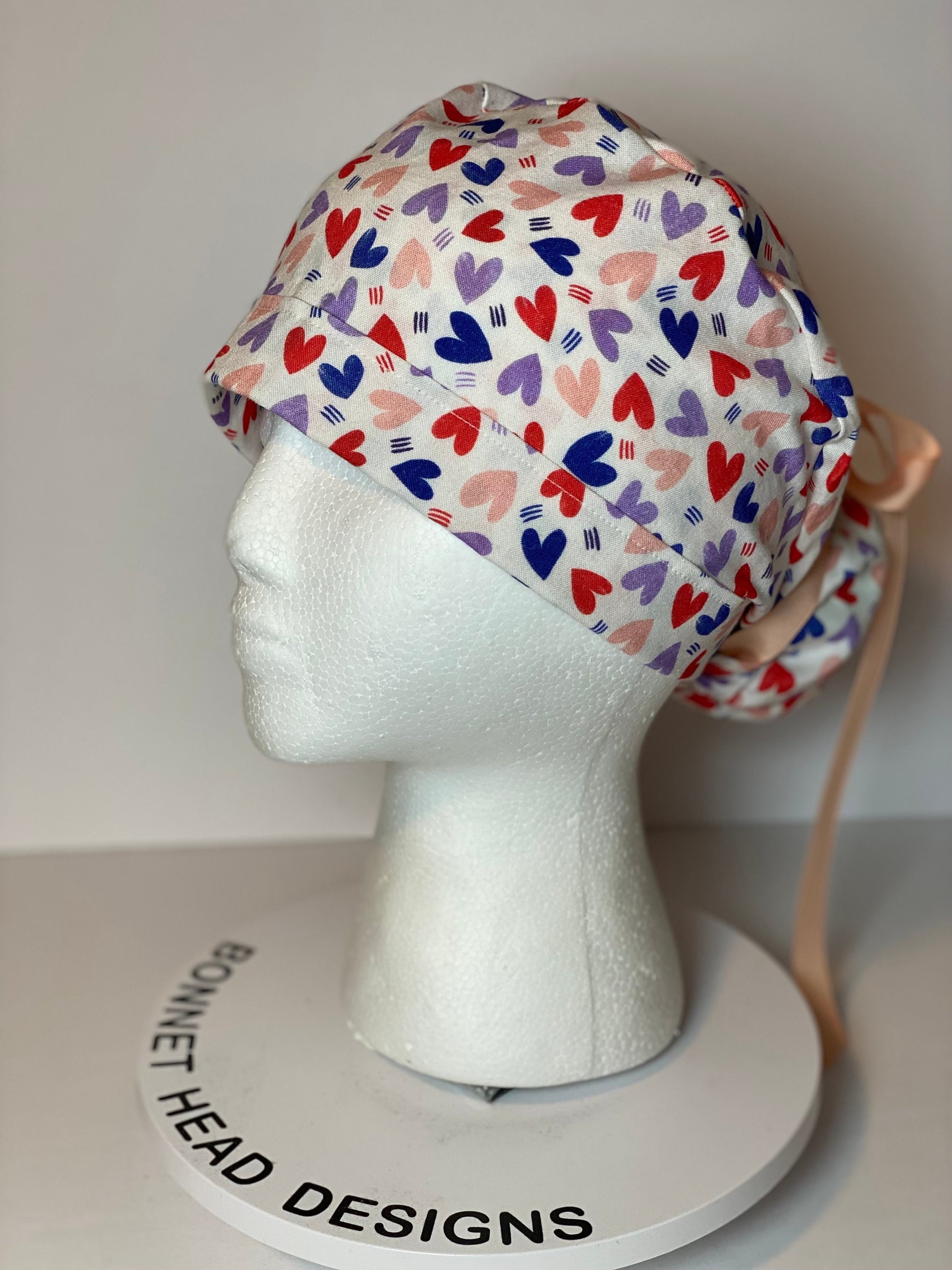 Valentine’s Day scrub cap, heart print women’s scrub cap, Bonnet Head Designs