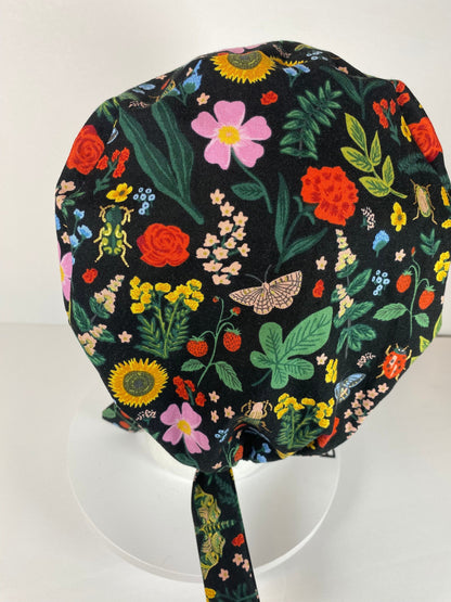 Rifle Paper Co Curio black floral tie back scrub cap, women’s beetle pixie scrub hat floral, Bonnet Head Designs