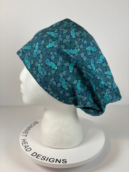 Gecko print euro scrub hat, navy and green women’s chameleon euro scrub cap