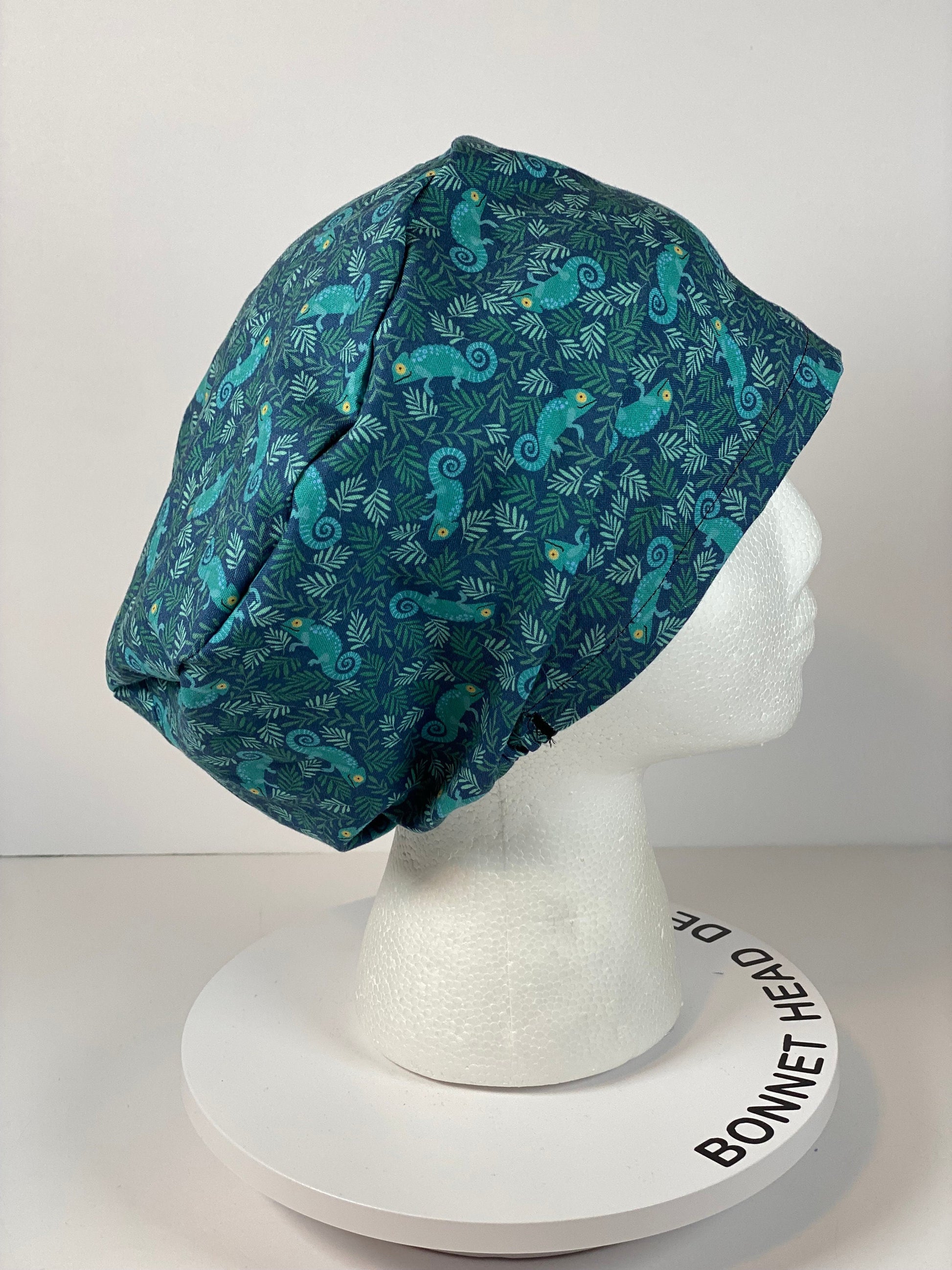 Gecko print euro scrub hat, navy and green women’s chameleon euro scrub cap