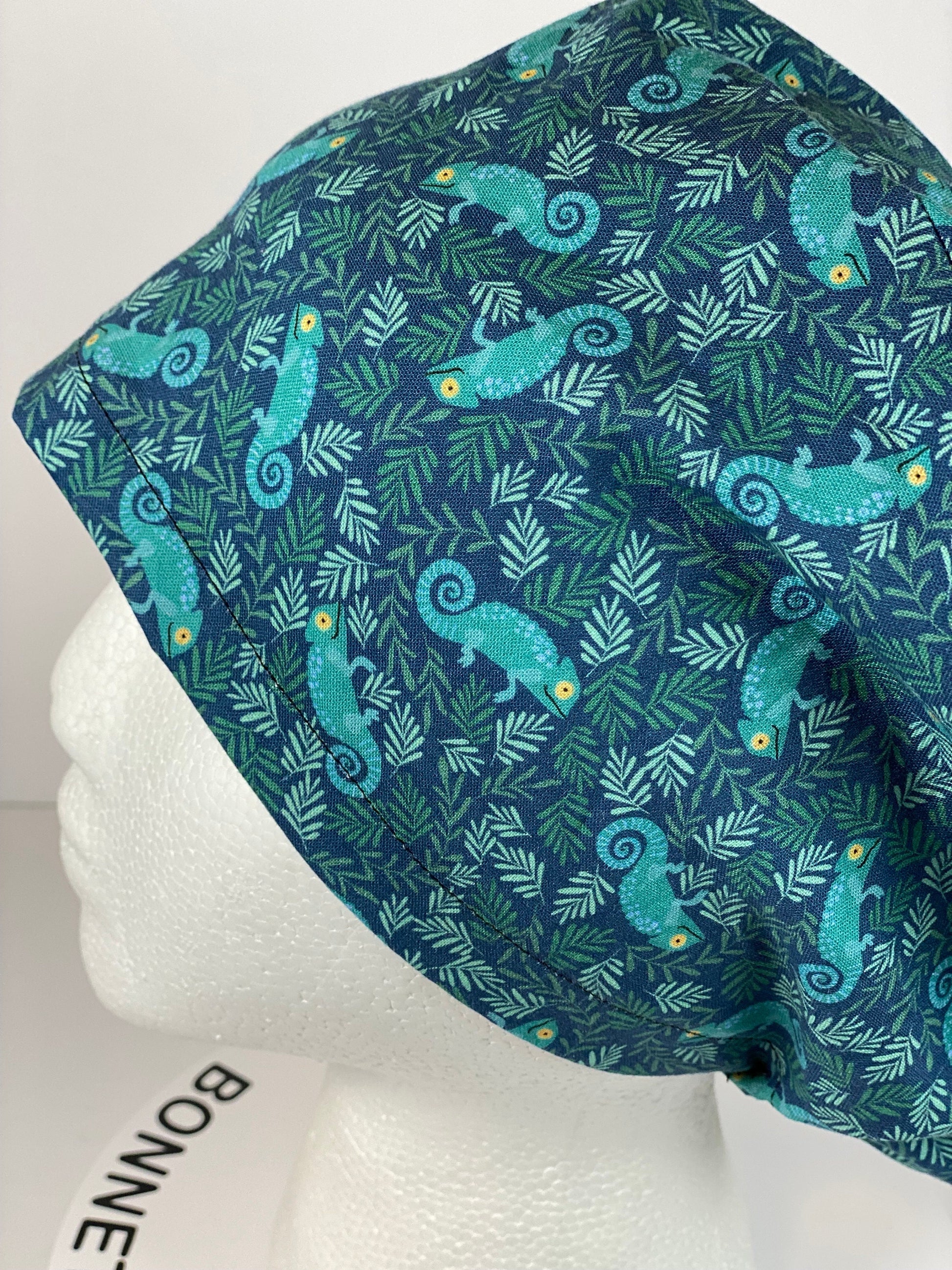 Gecko print euro scrub hat, navy and green women’s chameleon euro scrub cap