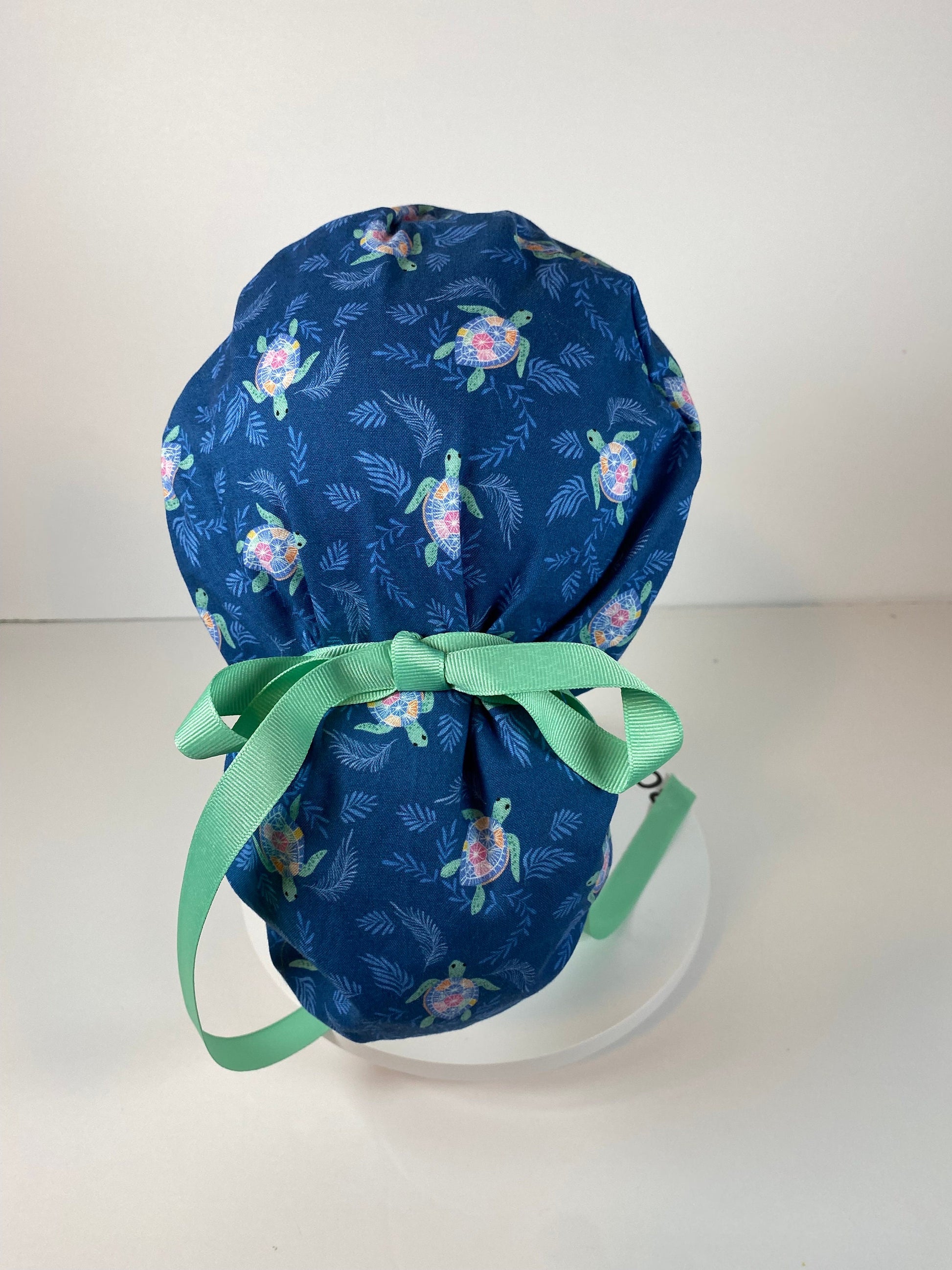 Sea turtle scrub hat, navy and green turtle scrub cap, women’s turtle scrub cap, Bonnet Head Designs