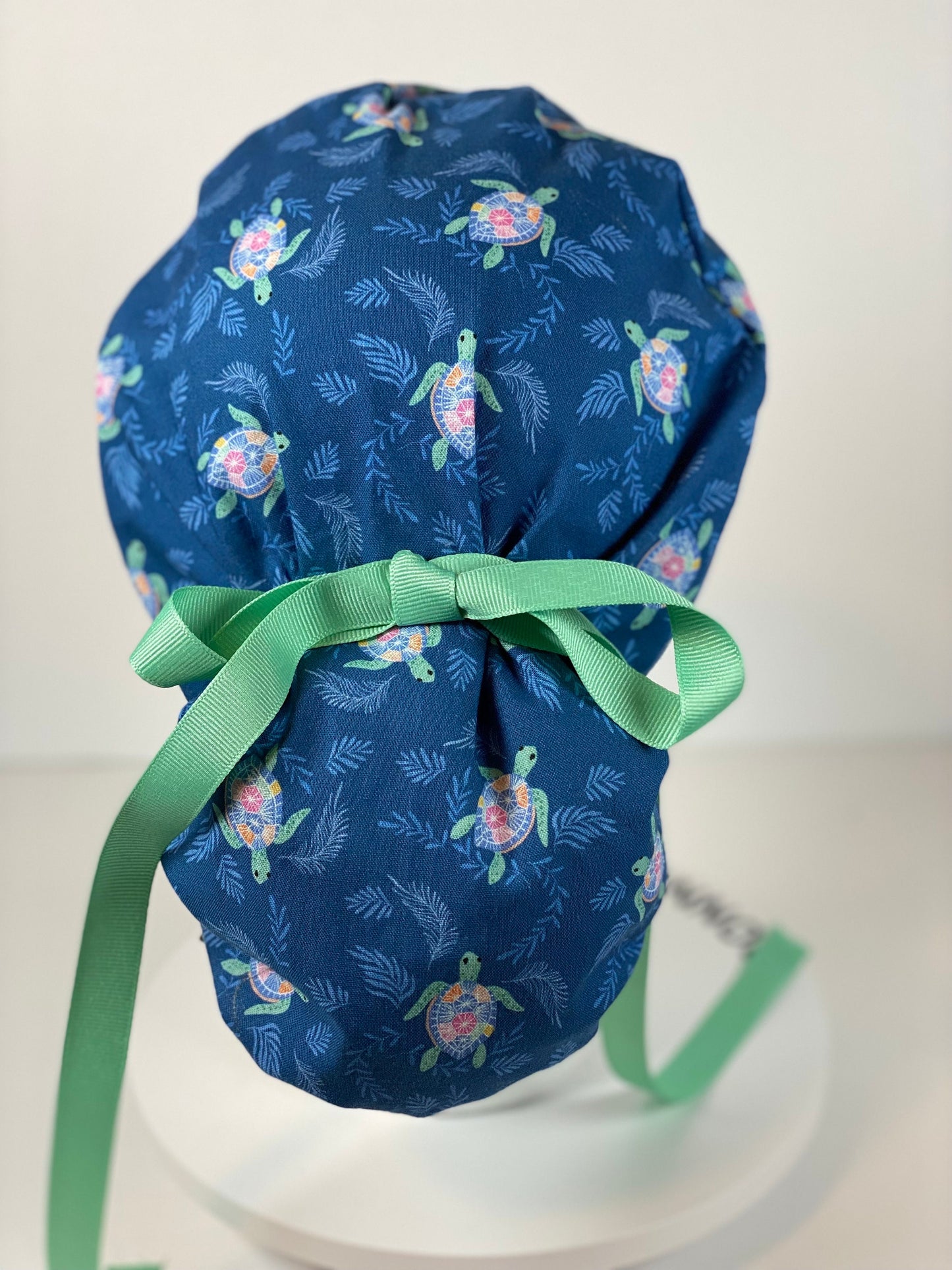 Sea turtle scrub hat, navy and green turtle scrub cap, women’s turtle scrub cap, Bonnet Head Designs