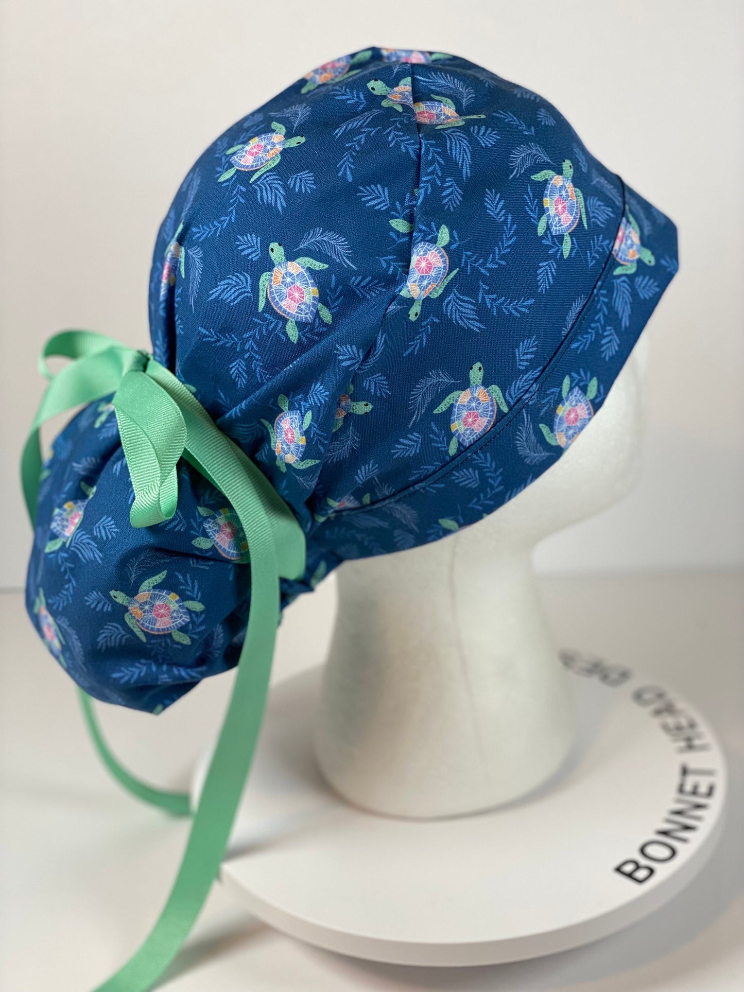 Sea turtle scrub hat, navy and green turtle scrub cap, women’s turtle scrub cap, Bonnet Head Designs