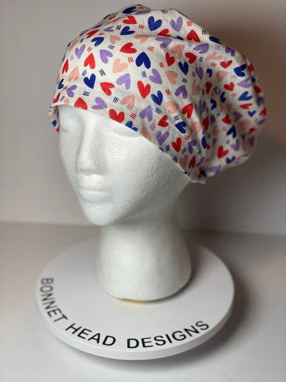 Valentine’s Day euro style scrub cap, heart print women’s scrub cap, Bonnet Head Designs