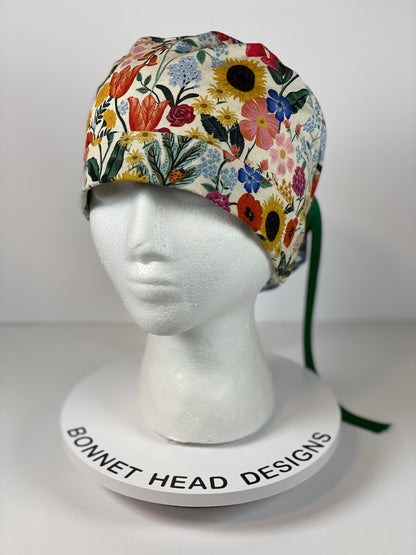 Rifle Paper Co Curio cream floral fabric scrub cap, women’s spring scrub hat floral, Bonnet Head Designs