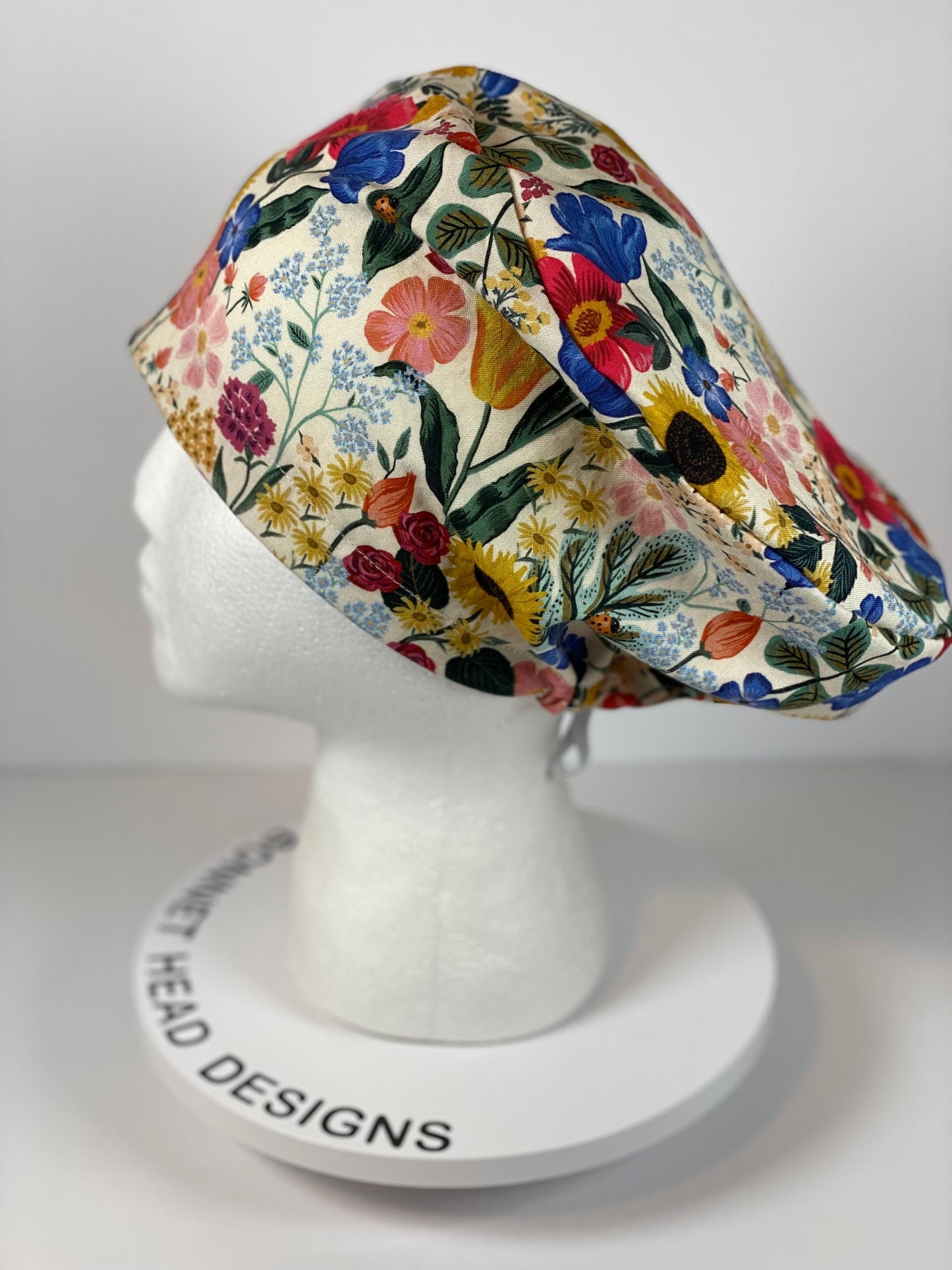 Rifle Paper Co Curio cream floral euro style scrub cap, women’s sunflower euro scrub hat floral, Bonnet Head Designs