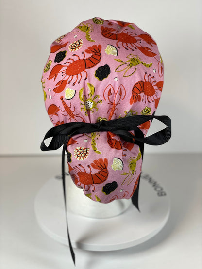 Lobster print scrub cap, pink and black summer scrub cap, women’s scrub cap lobsters, Bonnet Head Designs