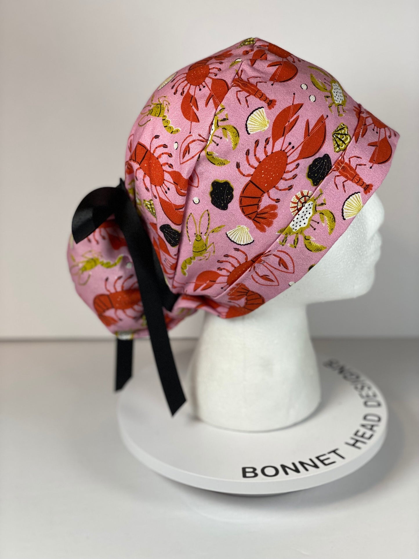 Lobster print scrub cap, pink and black summer scrub cap, women’s scrub cap lobsters, Bonnet Head Designs