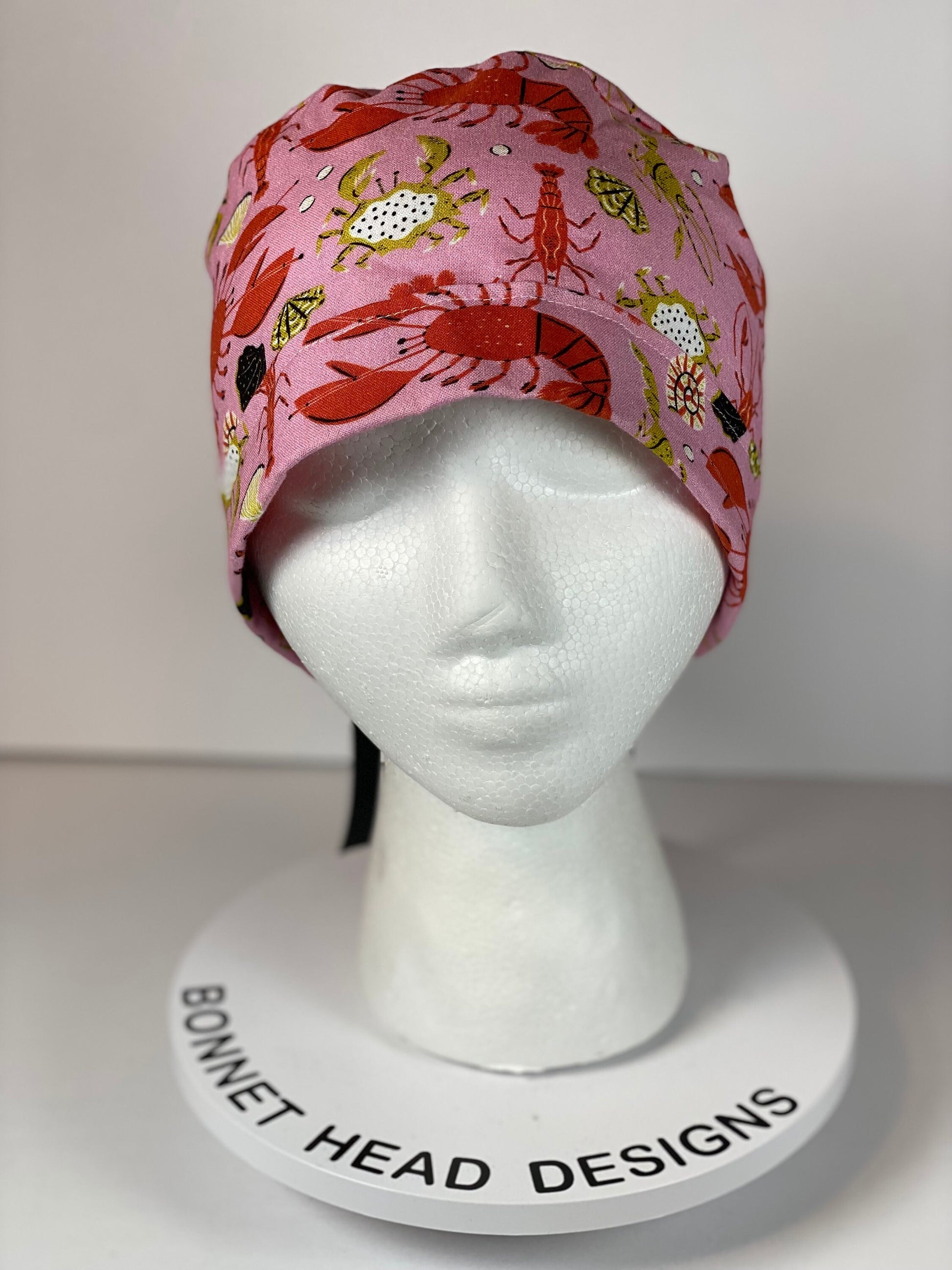 Lobster print scrub cap, pink and black summer scrub cap, women’s scrub cap lobsters, Bonnet Head Designs