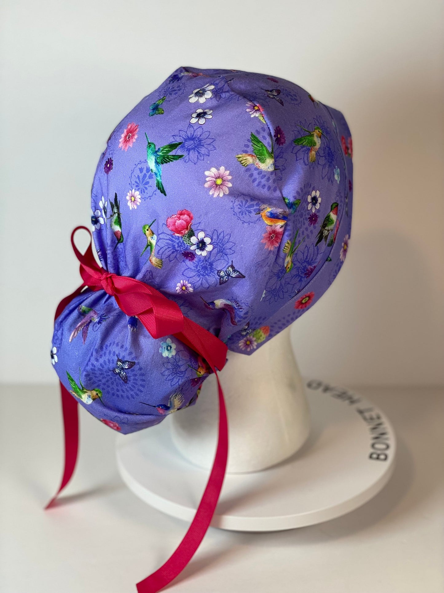 Hummingbird scrub cap, womens scrub hat hummingbirds, womens ponytail scrub cap, Bonnet Head Designs