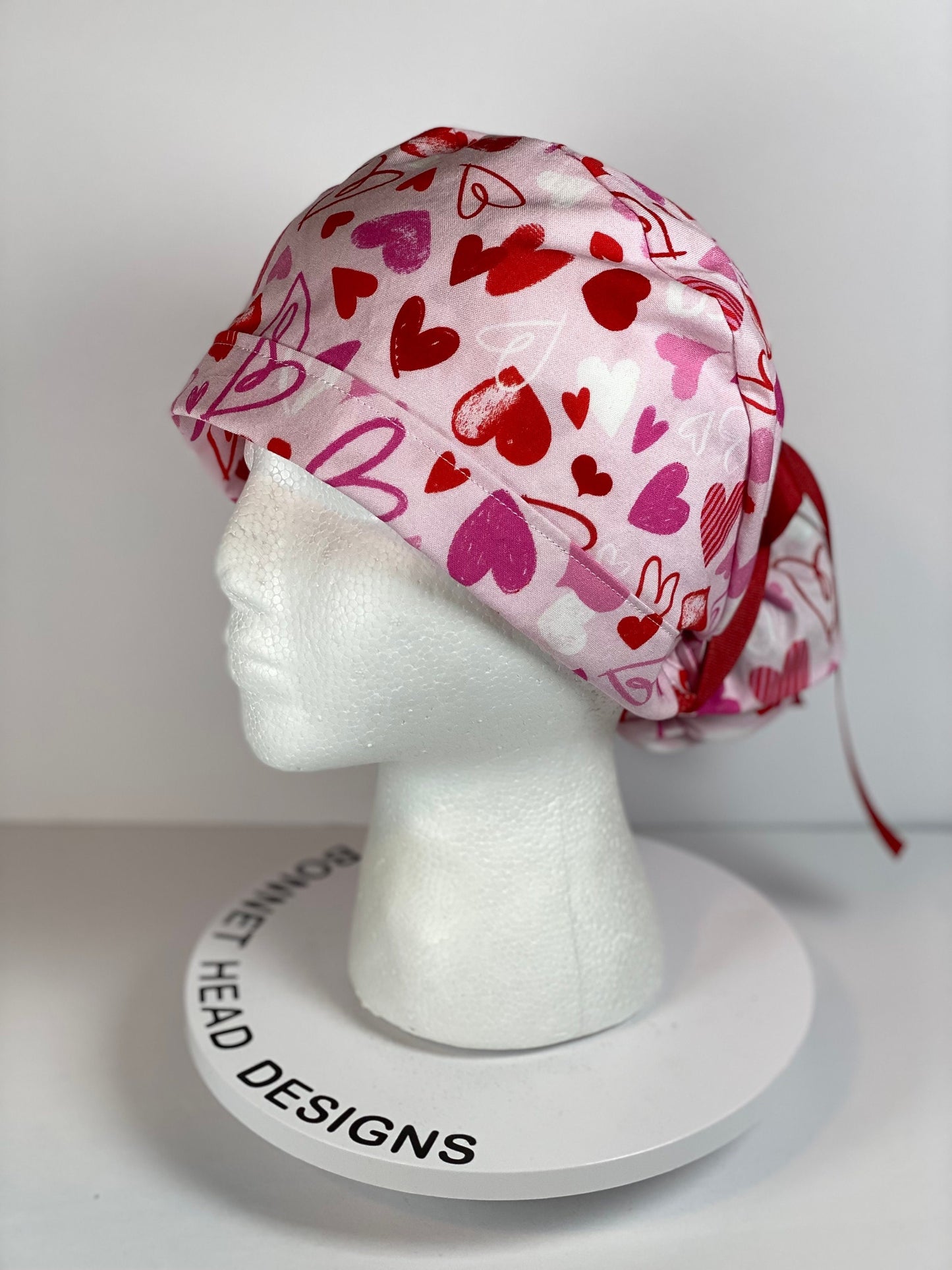 Valentine’s Day women’s scrub cap, pink heart print women’s scrub hat, Bonnet Head Designs