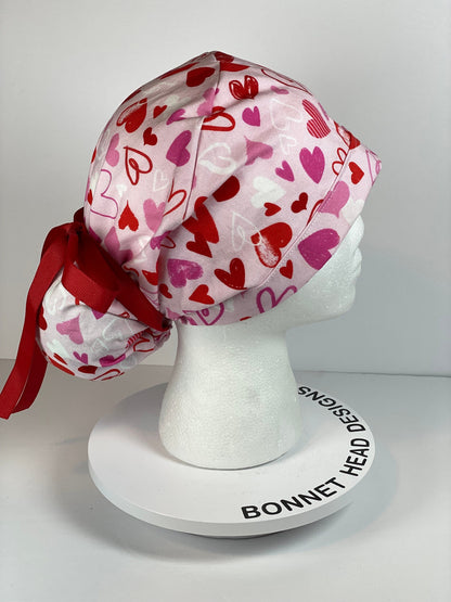 Valentine’s Day women’s scrub cap, pink heart print women’s scrub hat, Bonnet Head Designs