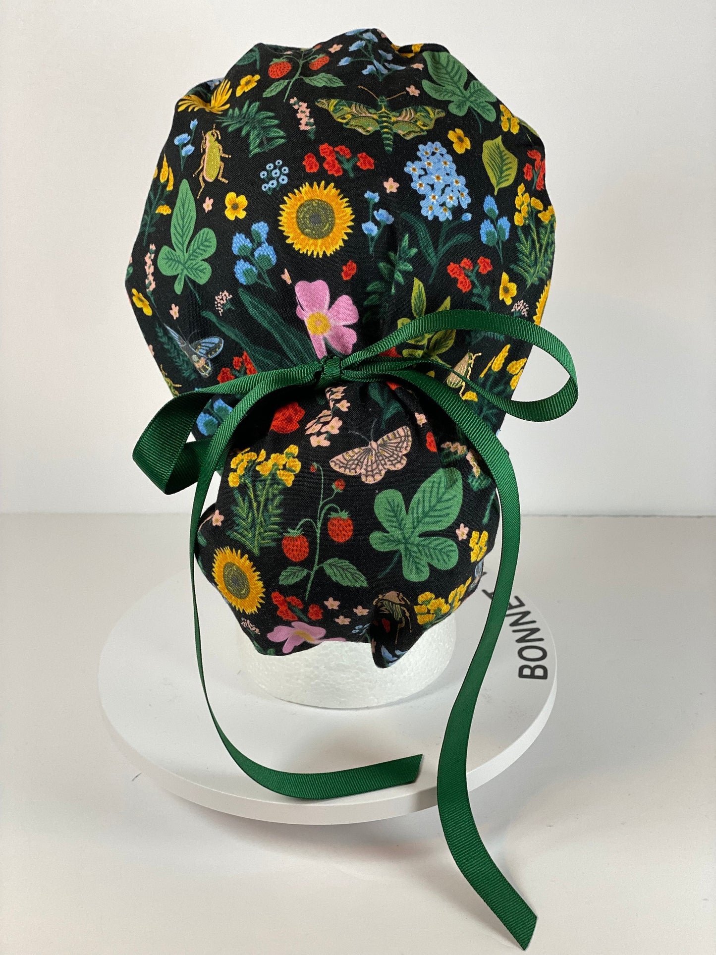 Rifle Paper Co Curio black metalic floral fabric scrub cap, women’s scrub hat floral, Bonnet Head Designs