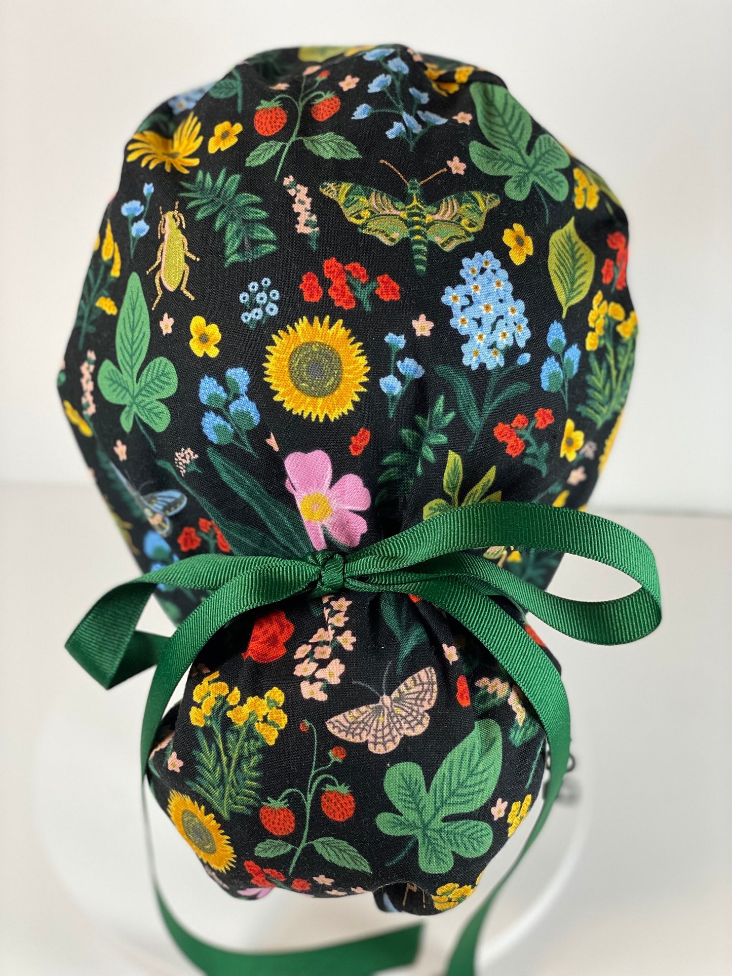 Rifle Paper Co Curio black metalic floral fabric scrub cap, women’s scrub hat floral, Bonnet Head Designs