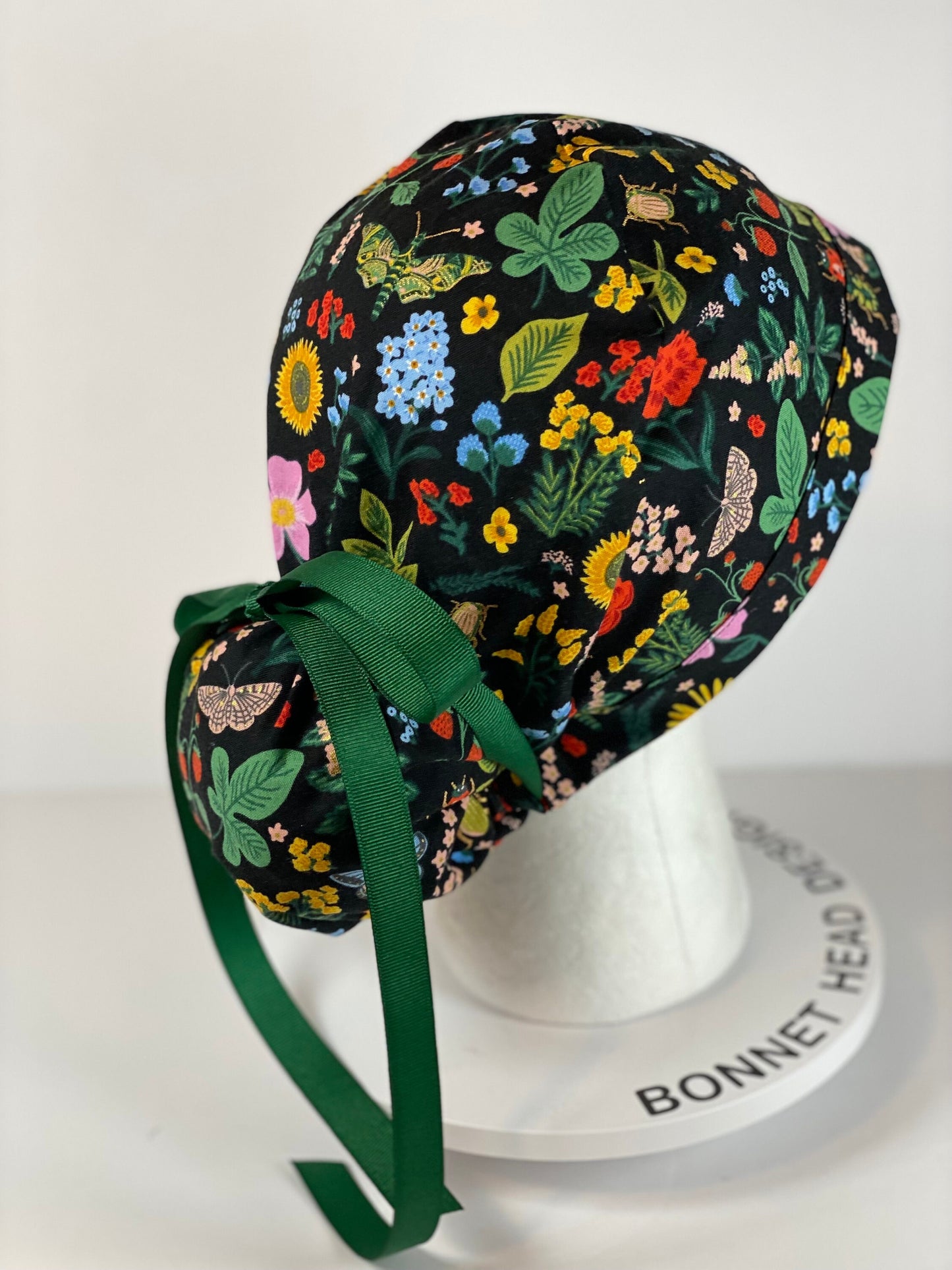 Rifle Paper Co Curio black metalic floral fabric scrub cap, women’s scrub hat floral, Bonnet Head Designs