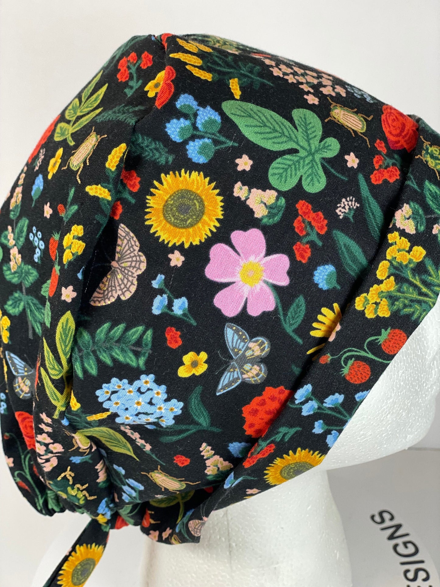 Rifle Paper Co Curio black floral tie back scrub cap, women’s beetle pixie scrub hat floral, Bonnet Head Designs