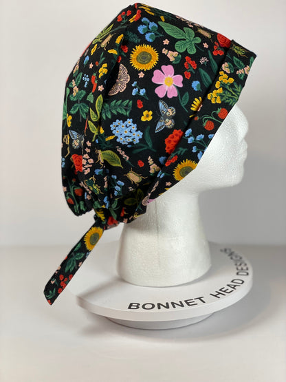 Rifle Paper Co Curio black floral tie back scrub cap, women’s beetle pixie scrub hat floral, Bonnet Head Designs