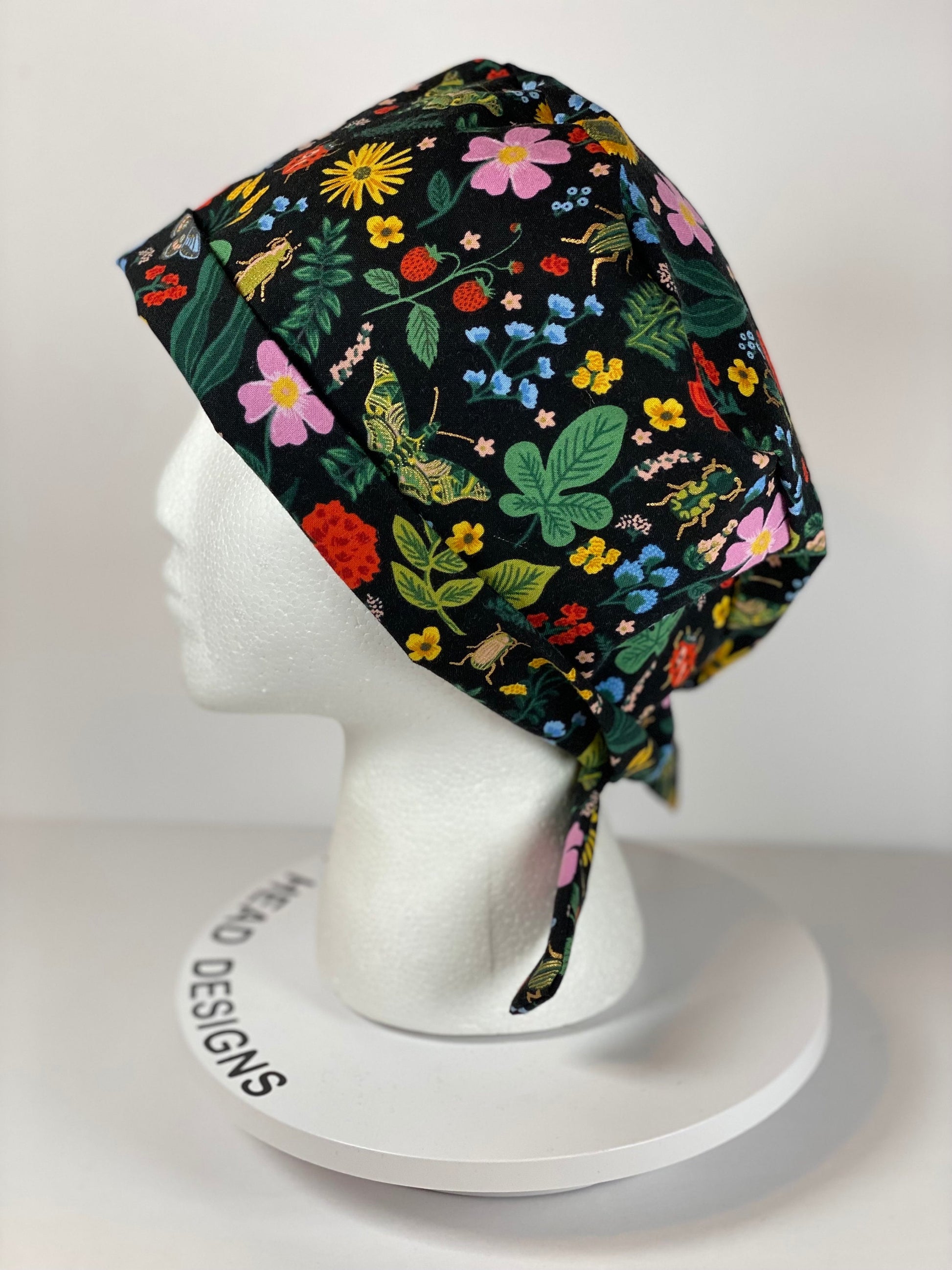 Rifle Paper Co Curio black floral tie back scrub cap, women’s beetle pixie scrub hat floral, Bonnet Head Designs