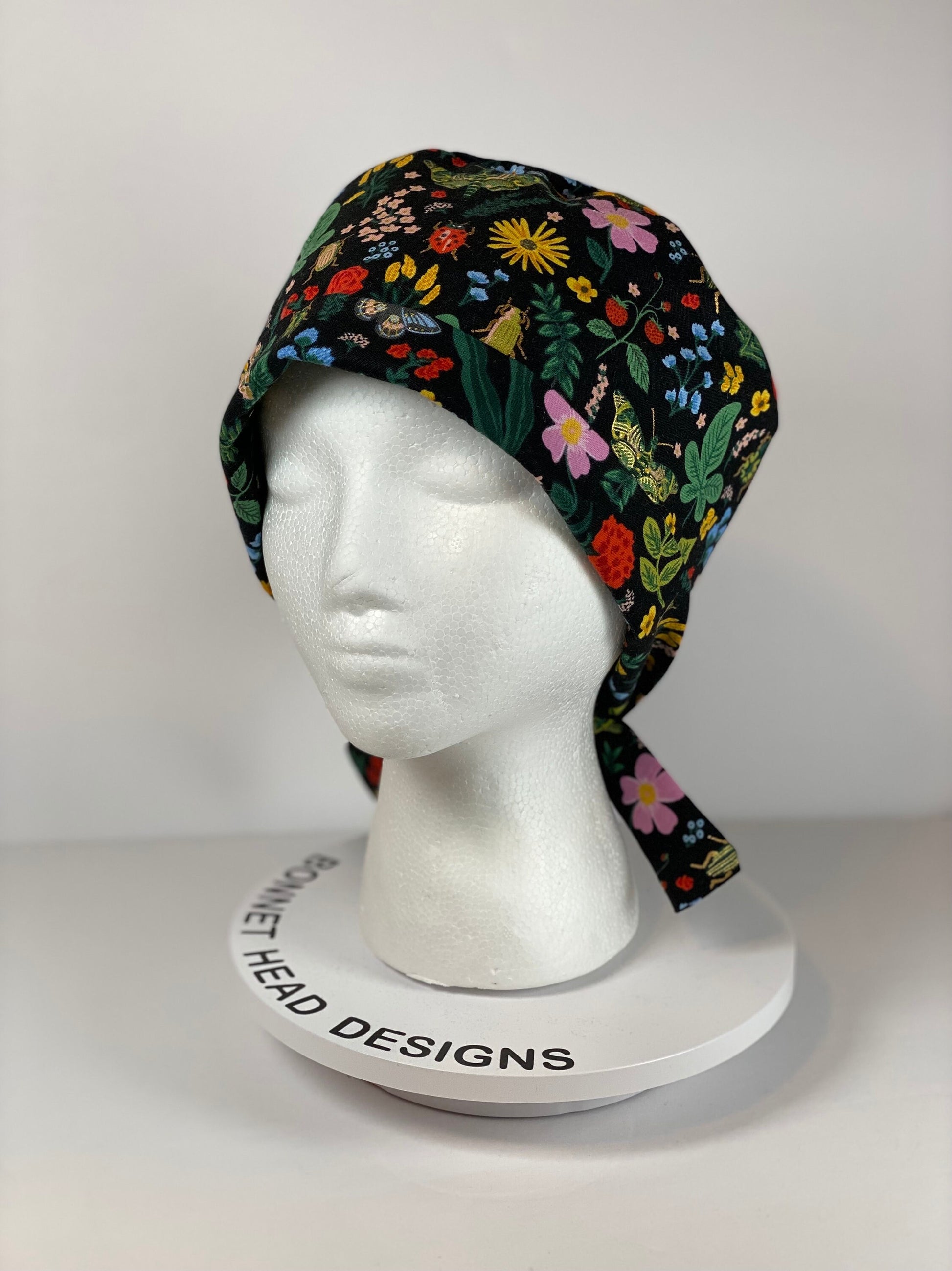 Rifle Paper Co Curio black floral tie back scrub cap, women’s beetle pixie scrub hat floral, Bonnet Head Designs