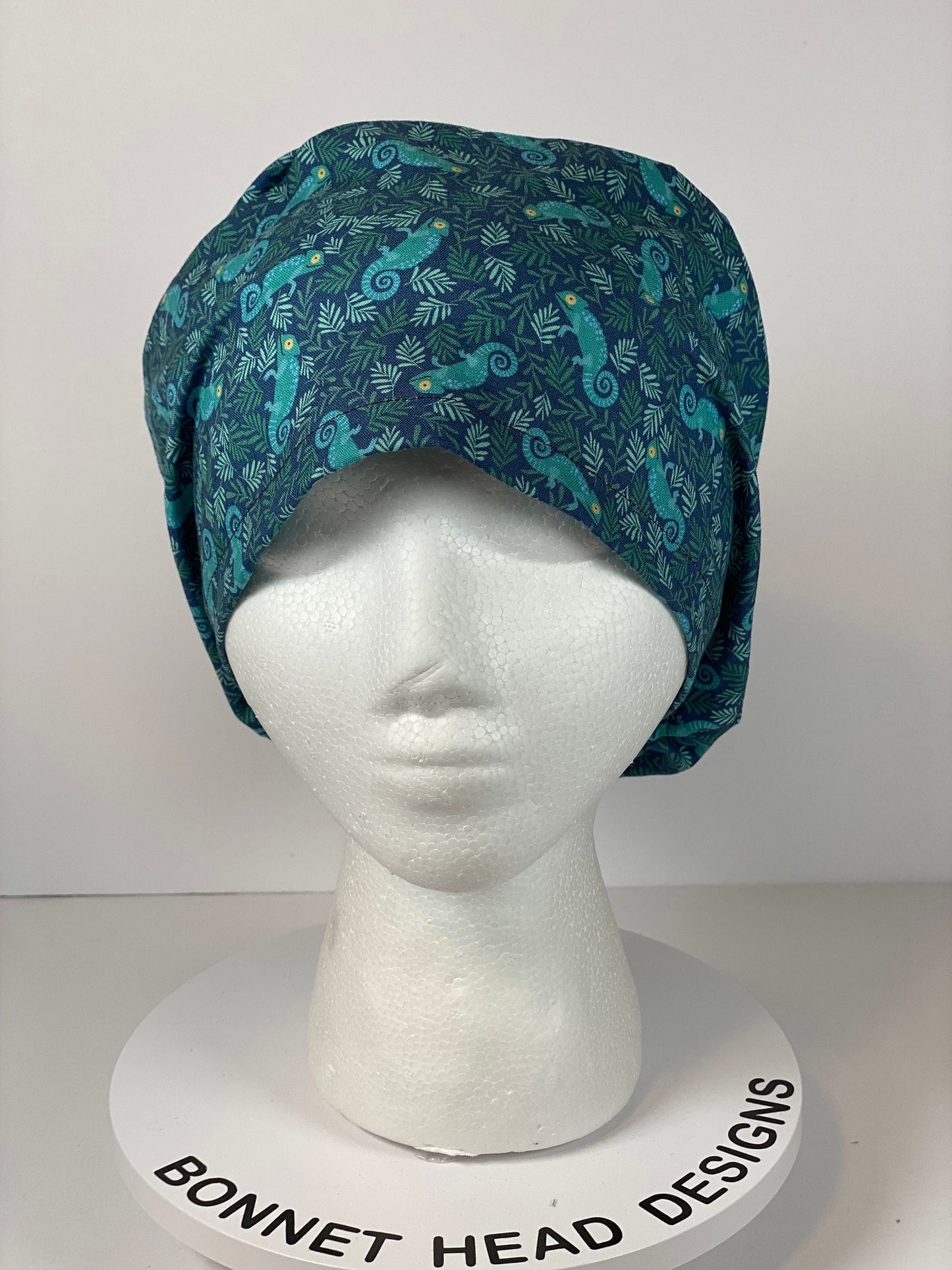 Gecko print euro scrub hat, navy and green women’s chameleon euro scrub cap