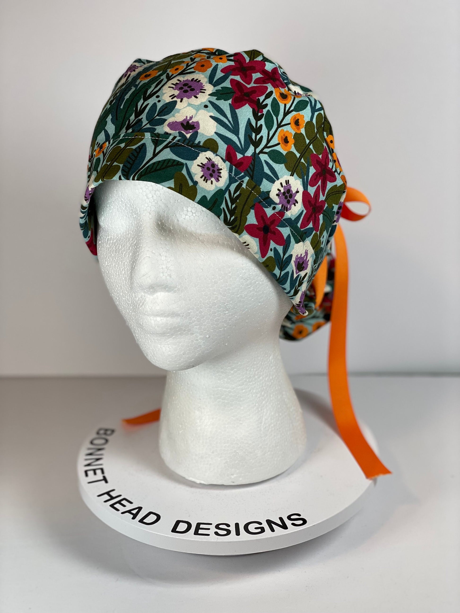 Mint green floral scrub cap, spring floral scrub cap, womens ponytail scrub hat floral, Bonnet Head Designs