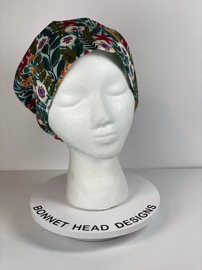 Mint floral euro style scrub cap, spring floral scrub cap, womens euro surgical hat floral, Bonnet Head Designs