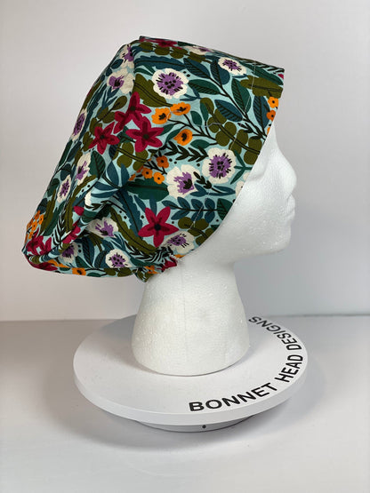 Mint floral euro style scrub cap, spring floral scrub cap, womens euro surgical hat floral, Bonnet Head Designs