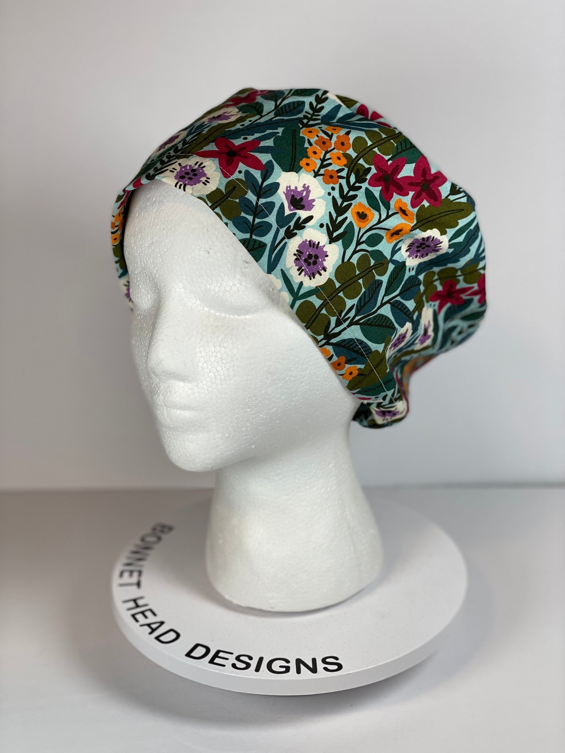 Mint floral euro style scrub cap, spring floral scrub cap, womens euro surgical hat floral, Bonnet Head Designs