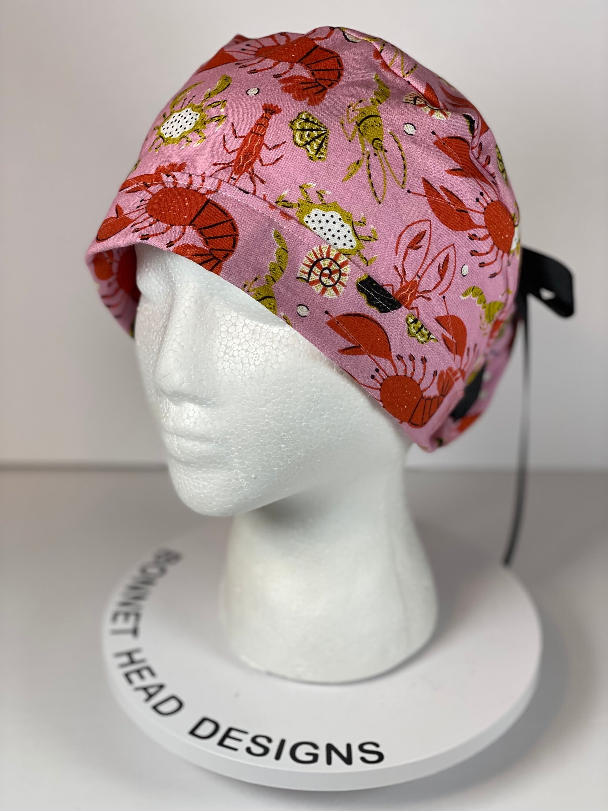 Lobster print scrub cap, pink and black summer scrub cap, women’s scrub cap lobsters, Bonnet Head Designs