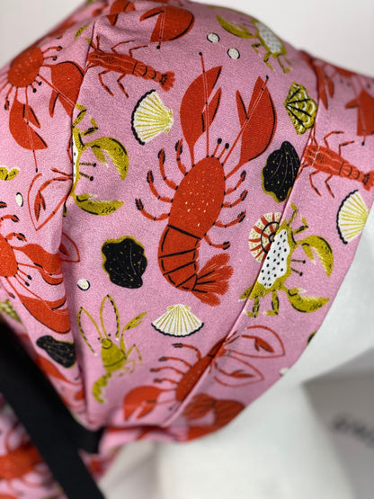 Lobster print scrub cap, pink and black summer scrub cap, women’s scrub cap lobsters, Bonnet Head Designs