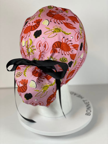 Lobster print scrub cap, pink and black summer scrub cap, women’s scrub cap lobsters, Bonnet Head Designs