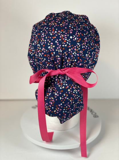 Navy and pink geometric scrub cap, abstract women’s scrub hat, Bonnet Head Designs