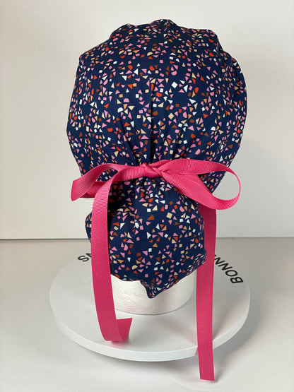 Navy and pink geometric scrub cap, abstract women’s scrub hat, Bonnet Head Designs