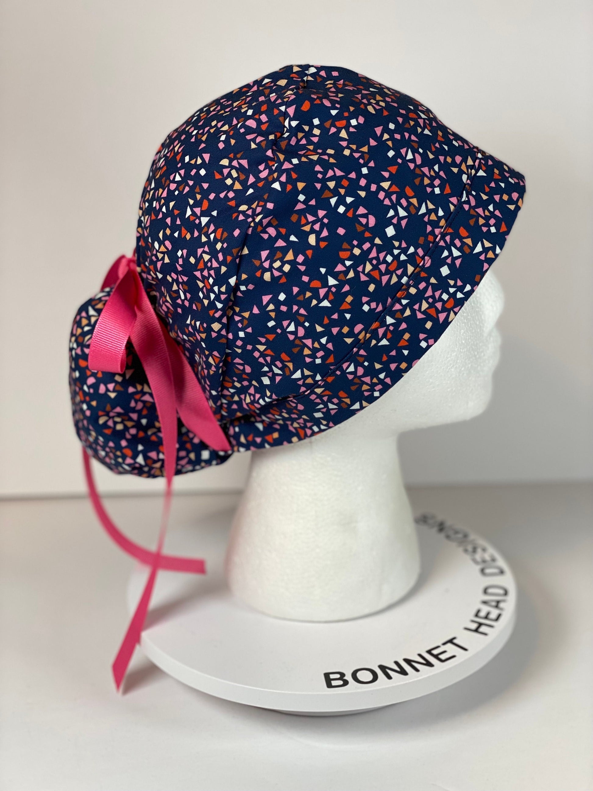 Navy and pink geometric scrub cap, abstract women’s scrub hat, Bonnet Head Designs