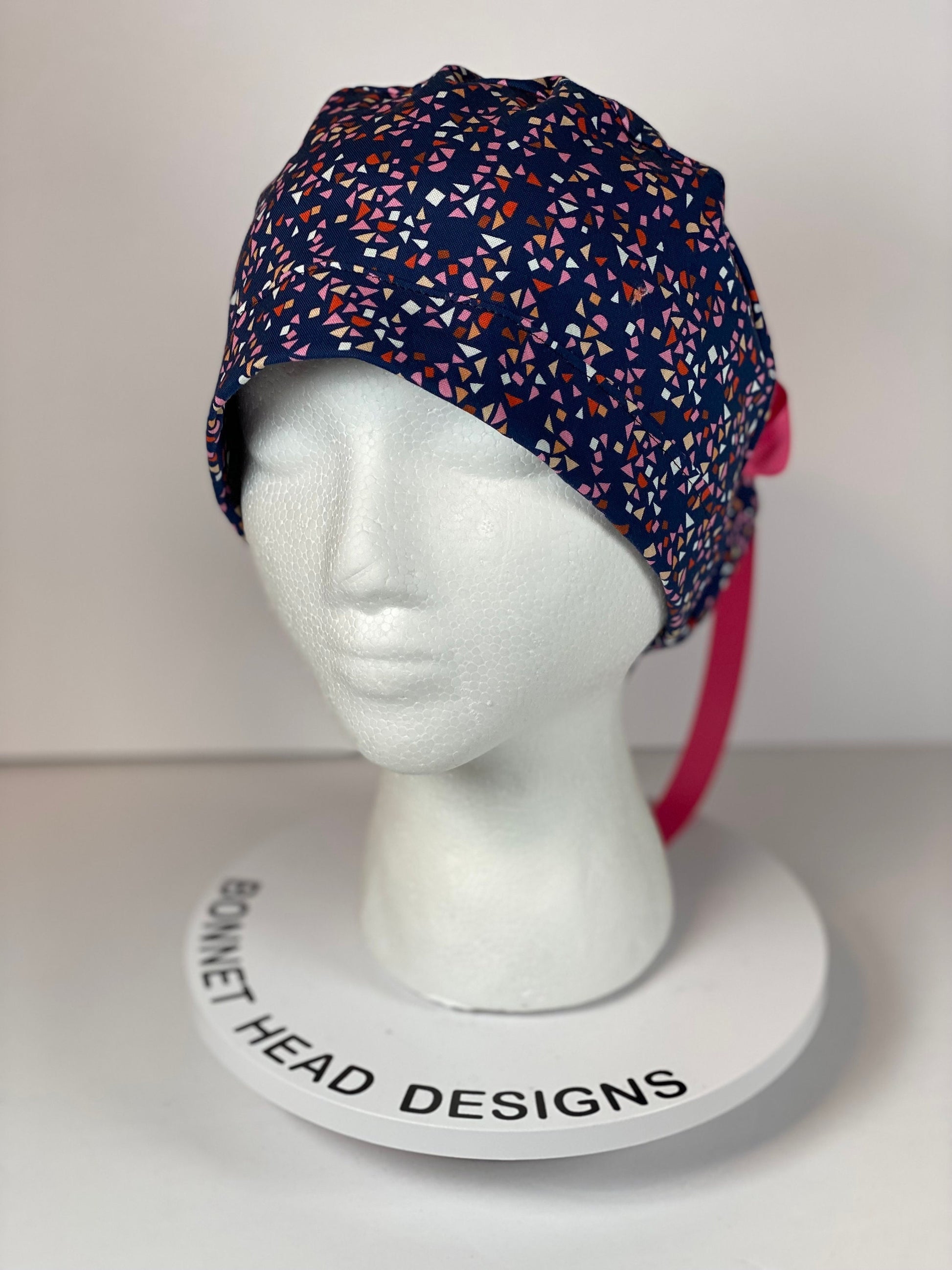 Navy and pink geometric scrub cap, abstract women’s scrub hat, Bonnet Head Designs