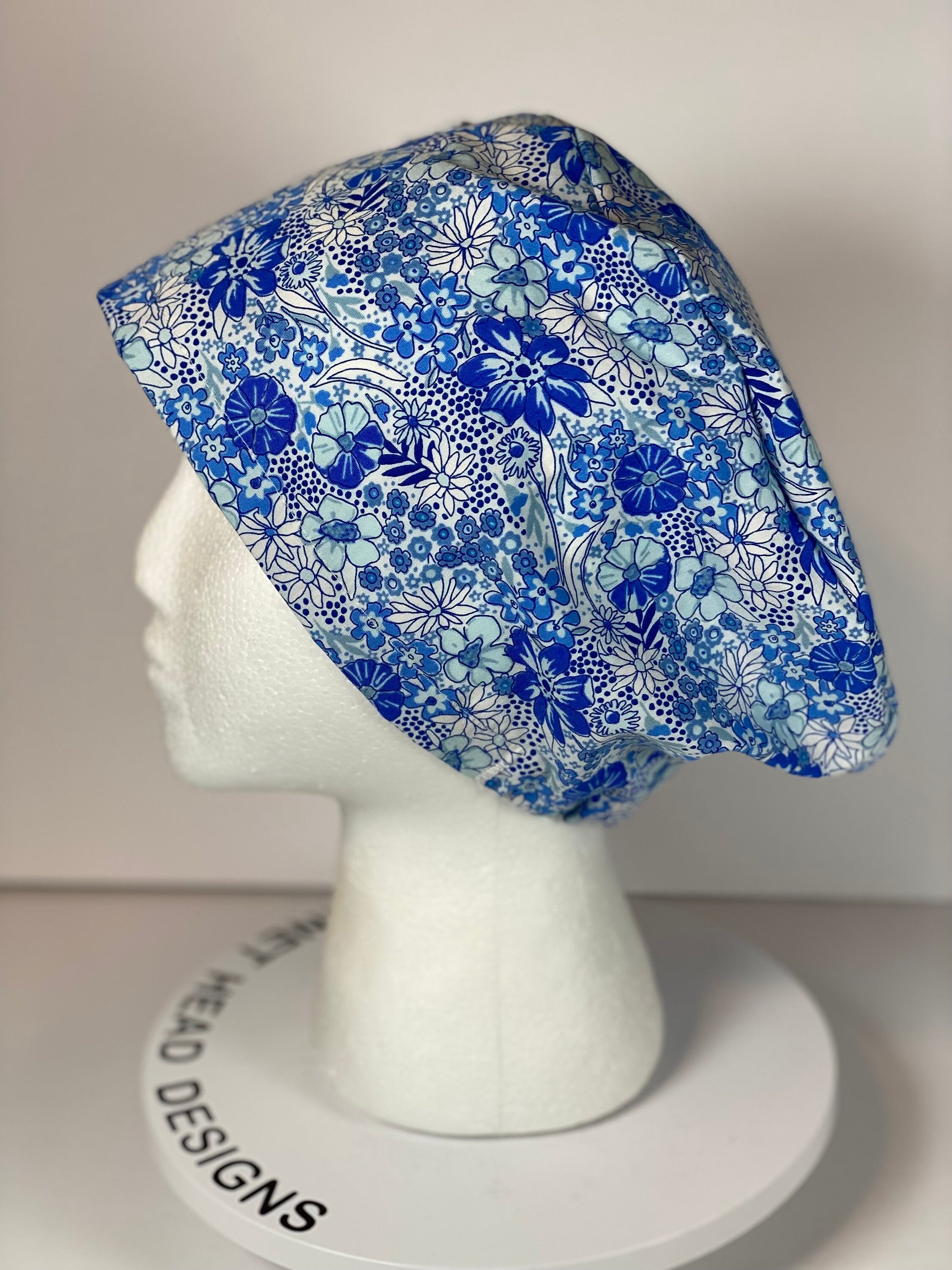 Women’s blue floral euro scrub cap, blue floral toggle scrub hat, Bonnet Head Designs